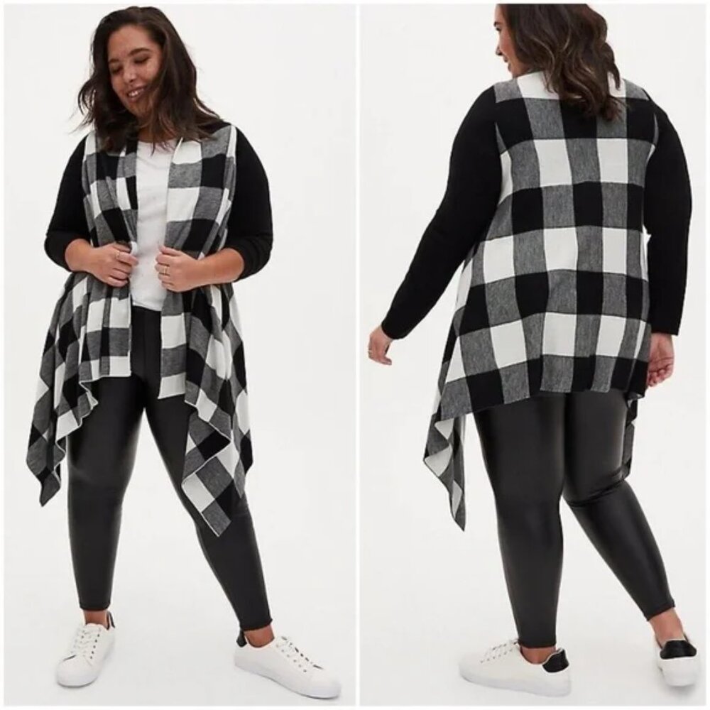 Torrid Black and White Checkered Drape Waterfall Open Cardigan